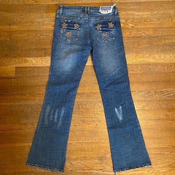 Leo Roma Bootcut Beaded Accents Boho Distressed Women Jeans Size 7 - Picture 5 of 13